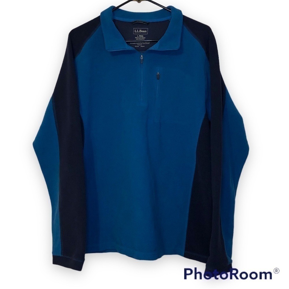 LLBEAN Mens Black and Blue 1/4 Zip Fleece Pullover Size Large